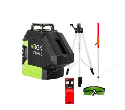Комплект: лазерный уровень RGK PR-81G + штатив RGK LET-170, рейка RGK LR-2, приёмник RGK LD-9, зелёные очки RGK